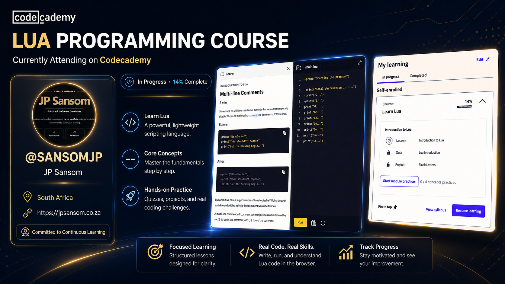 JP Sansom Lua programming course currently in progress on Codecademy